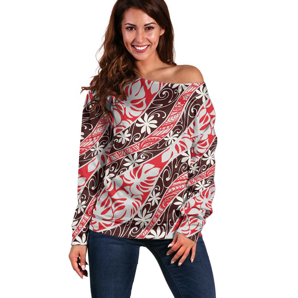 Uteute Tahiti Tiare Monstera Off Shoulder Sweater Polynesian Pattern Curve Style LT01 Women Red - Polynesian Pride