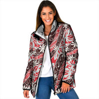 Uteute Tahiti Tiare Monstera Padded Jacket Polynesian Pattern Curve Style LT01 Women Red - Polynesian Pride