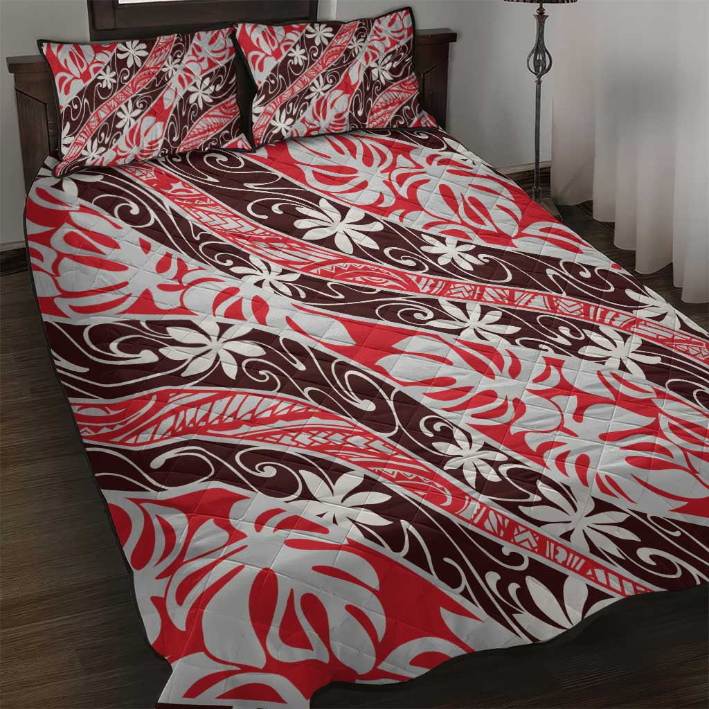 Uteute Tahiti Tiare Monstera Quilt Bed Set Polynesian Pattern Curve Style LT01 Red - Polynesian Pride