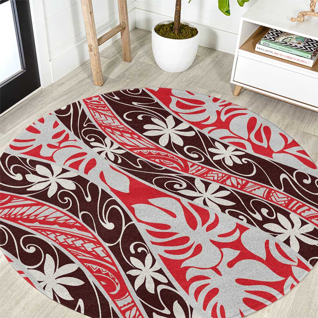 Uteute Tahiti Tiare Monstera Round Carpet Polynesian Pattern Curve Style LT01 Red - Polynesian Pride