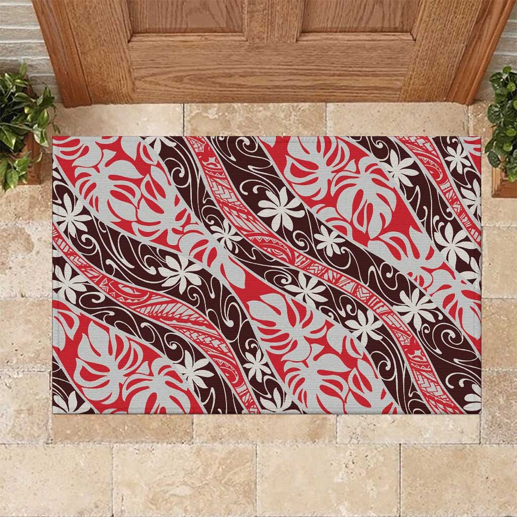 Uteute Tahiti Tiare Monstera Rubber Doormat Polynesian Pattern Curve Style LT01 Red - Polynesian Pride