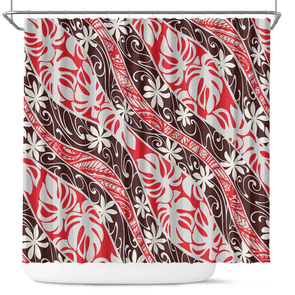 Uteute Tahiti Tiare Monstera Shower Curtain Polynesian Pattern Curve Style LT01 Red - Polynesian Pride