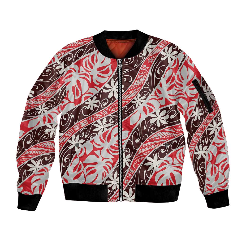 Uteute Tahiti Tiare Monstera Sleeve Zip Bomber Jacket Polynesian Pattern Curve Style LT01 Unisex Red - Polynesian Pride