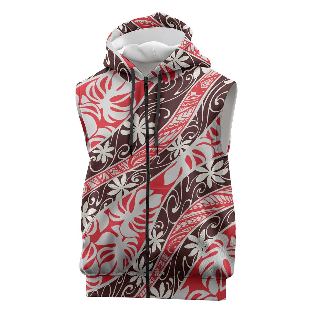 Uteute Tahiti Tiare Monstera Sleeveless Zip Hoodie Polynesian Pattern Curve Style LT01 Red - Polynesian Pride