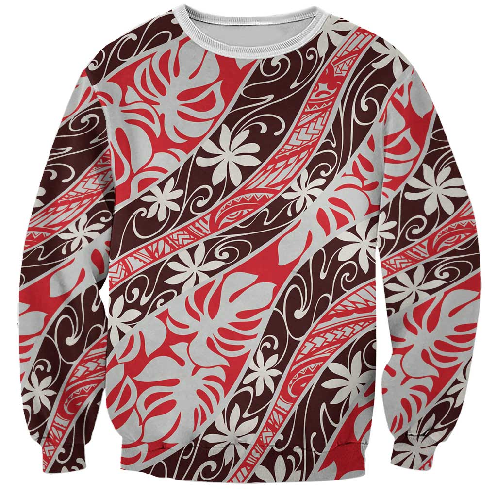 Uteute Tahiti Tiare Monstera Sweatshirt Polynesian Pattern Curve Style LT01 Unisex Red - Polynesian Pride