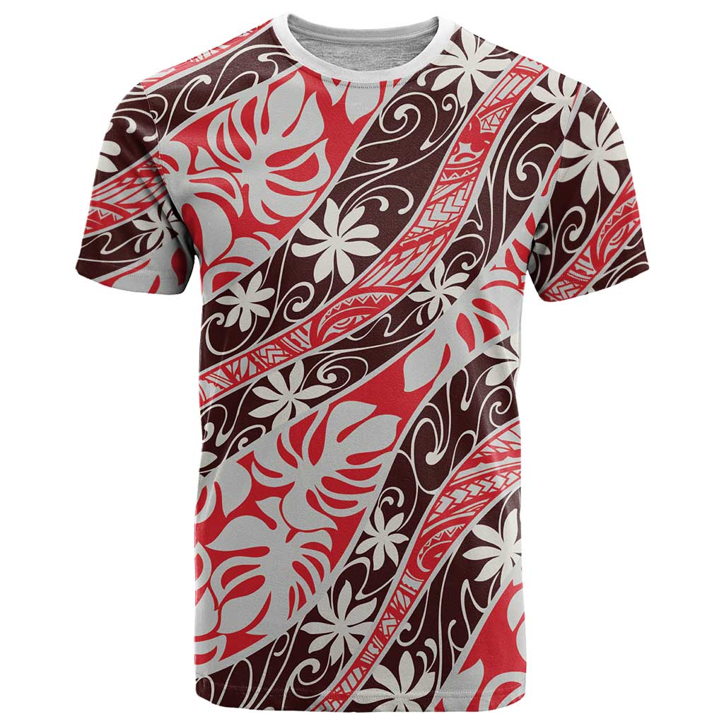 Uteute Tahiti Tiare Monstera T Shirt Polynesian Pattern Curve Style LT01 Red - Polynesian Pride