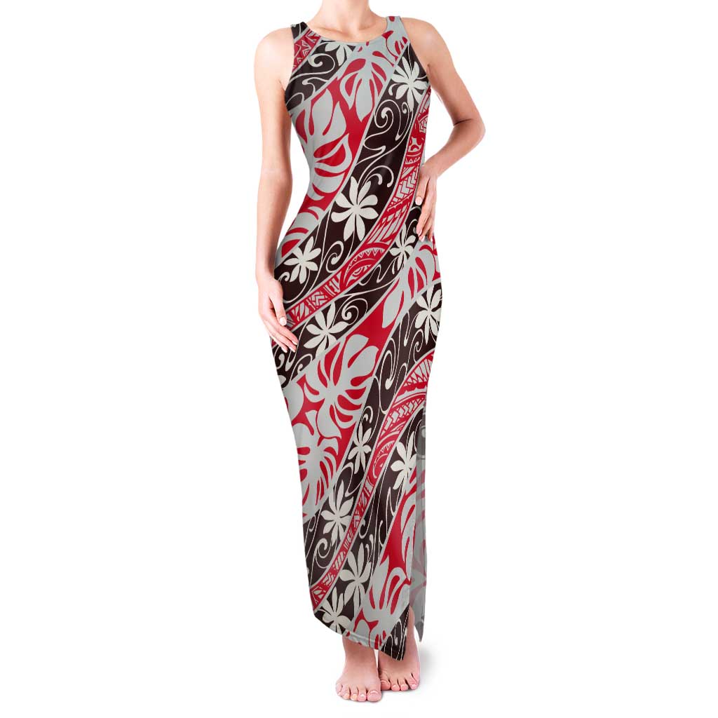 Uteute Tahiti Tiare Monstera Tank Maxi Dress Polynesian Pattern Curve Style LT01 Women Red - Polynesian Pride