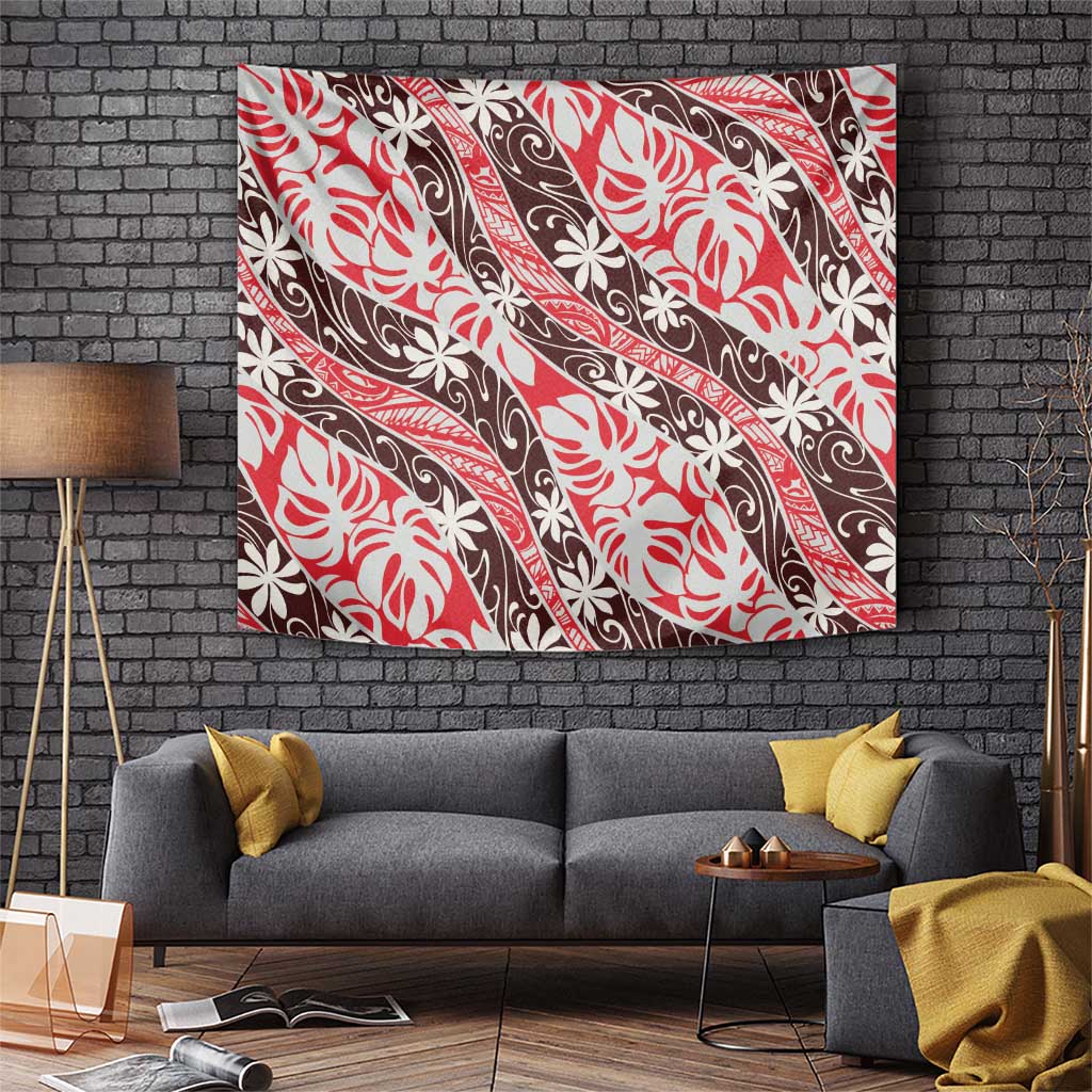 Uteute Tahiti Tiare Monstera Tapestry Polynesian Pattern Curve Style LT01 Red - Polynesian Pride