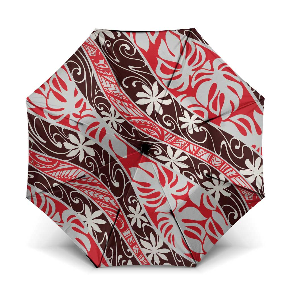 Uteute Tahiti Tiare Monstera Umbrella Polynesian Pattern Curve Style LT01 One Size Folded 11.42 inch Opened Diameter 37.4 inch Red - Polynesian Pride