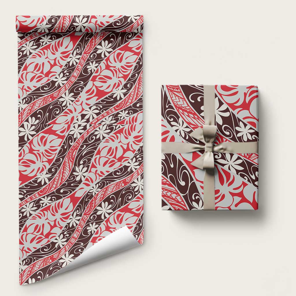 Uteute Tahiti Tiare Monstera Wrapping Paper Polynesian Pattern Curve Style LT01 58" × 23" Red - Polynesian Pride