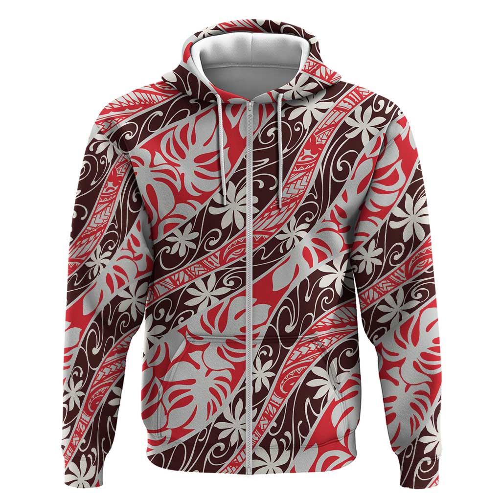 Uteute Tahiti Tiare Monstera Zip Hoodie Polynesian Pattern Curve Style LT01 Zip Hoodie Red - Polynesian Pride