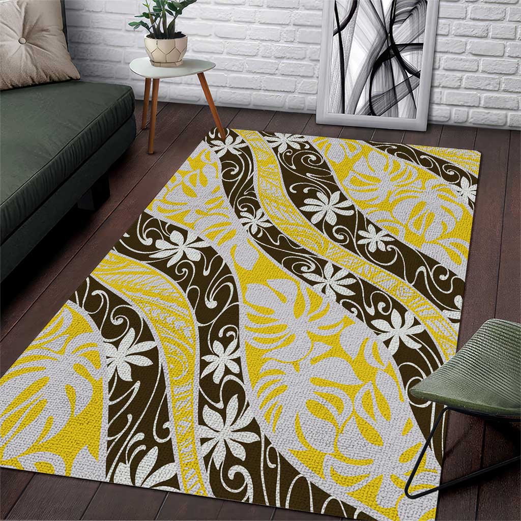 Rearea Tahiti Tiare Monstera Area Rug Polynesian Pattern Curve Style LT01 Yellow - Polynesian Pride