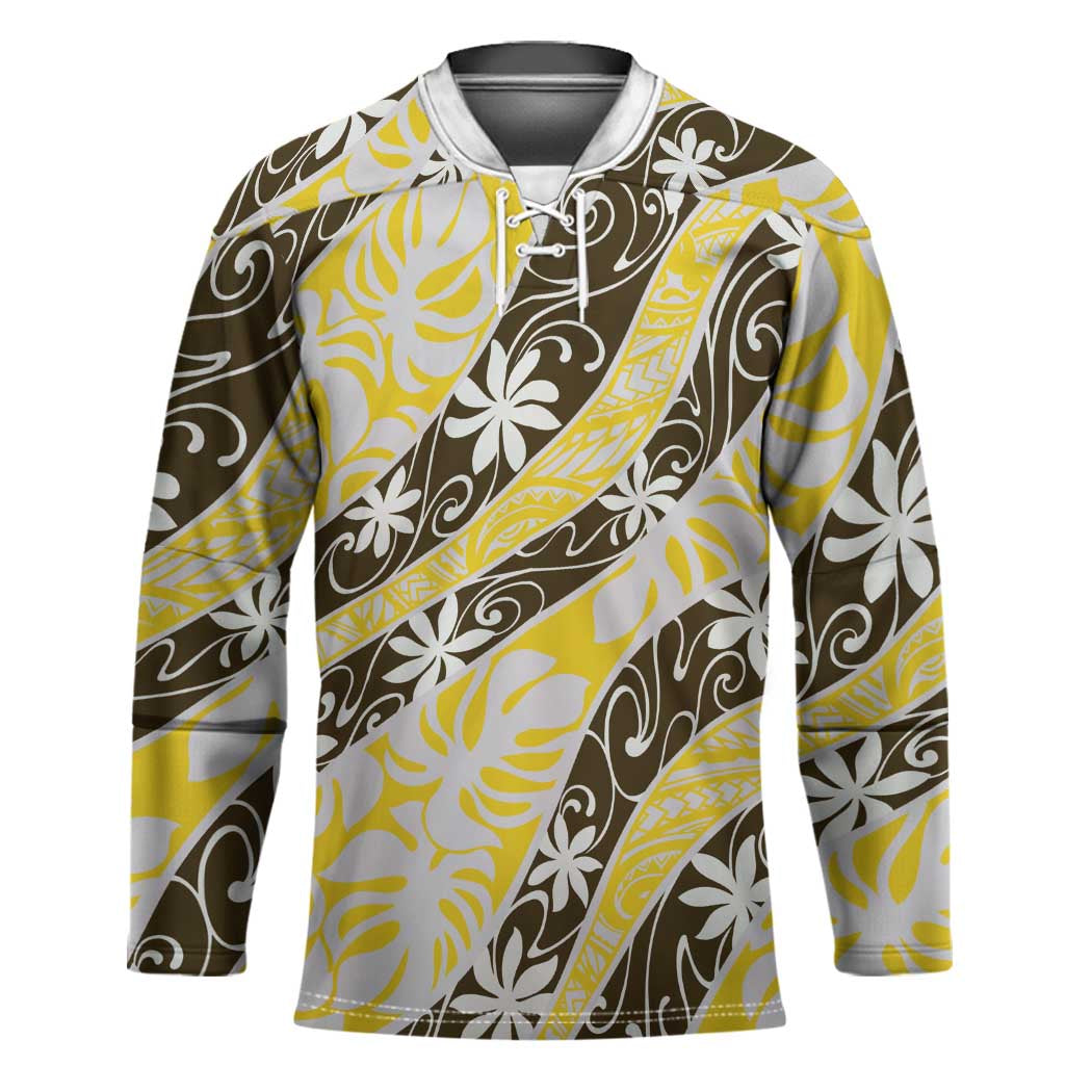 Rearea Tahiti Tiare Monstera Hockey Jersey Polynesian Pattern Curve Style LT01 Unisex Yellow - Polynesian Pride