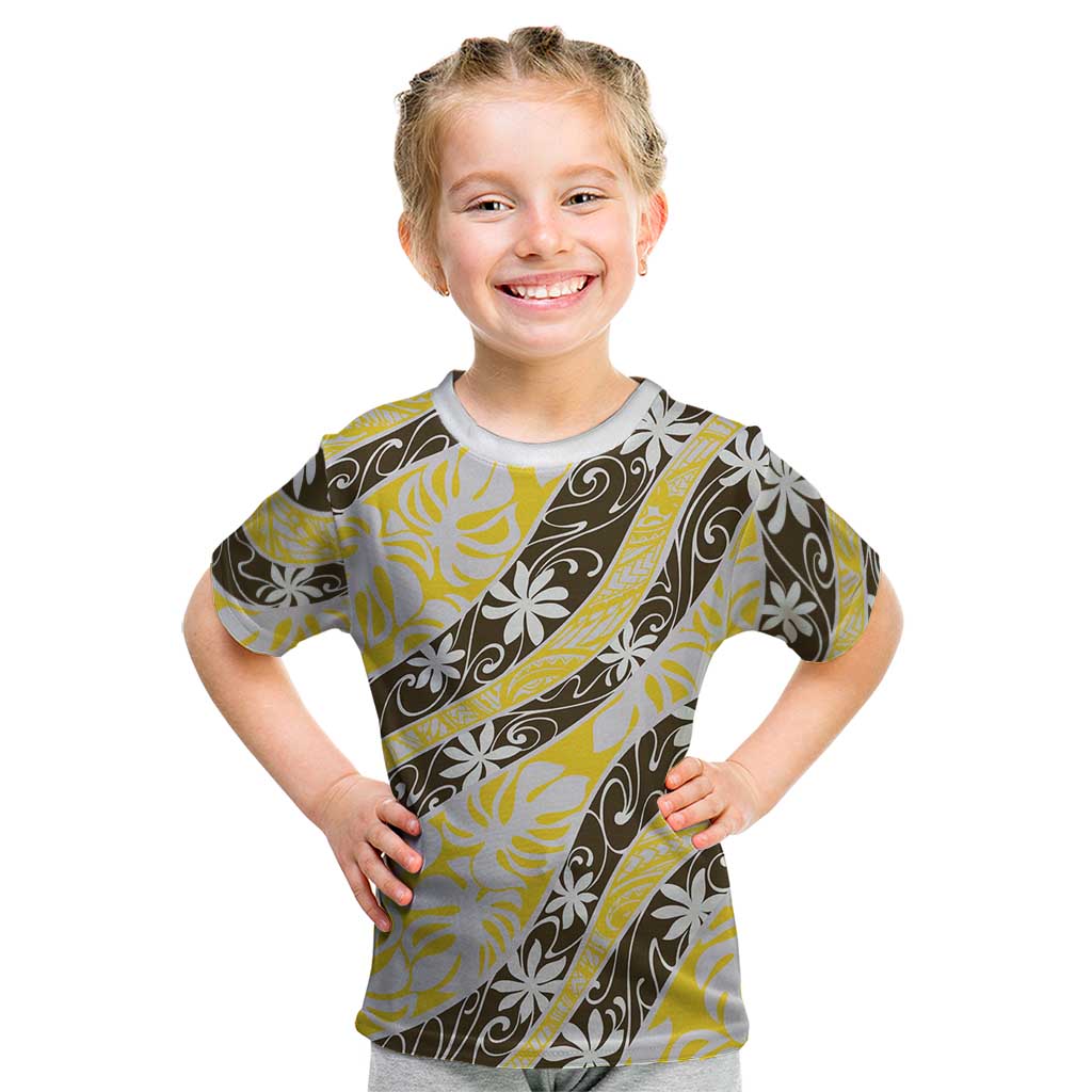 Rearea Tahiti Tiare Monstera Kid T Shirt Polynesian Pattern Curve Style LT01 Yellow - Polynesian Pride