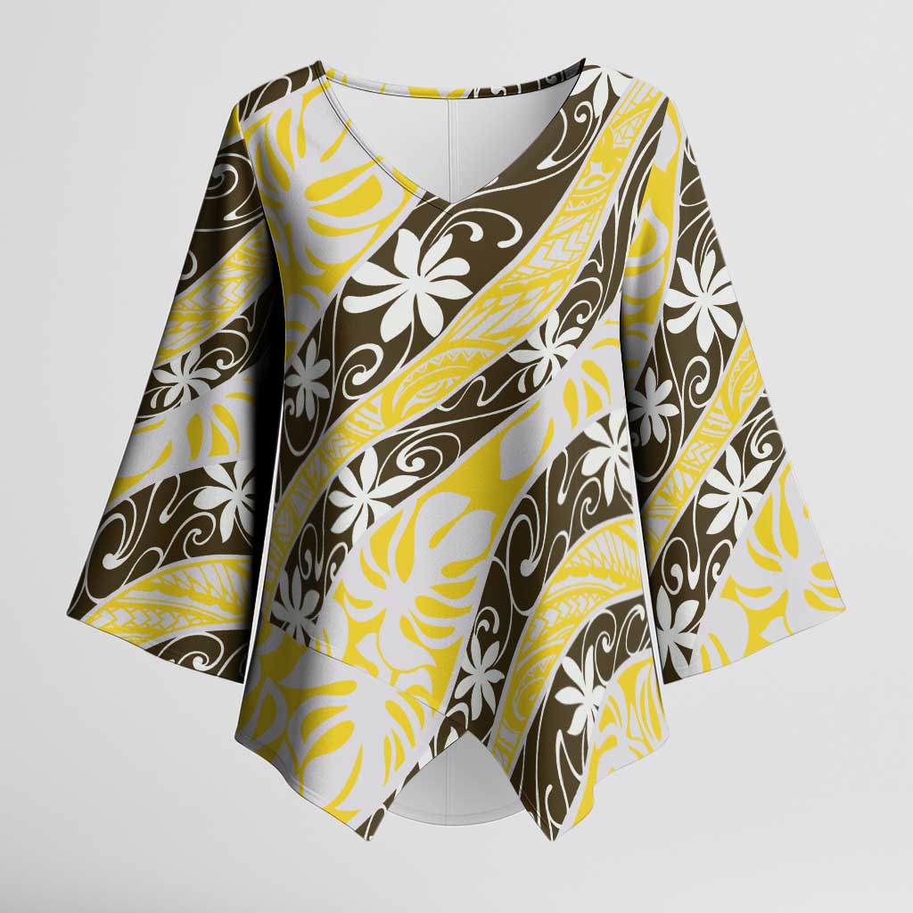 Rearea Tahiti Tiare Monstera Kimono Sleeve Blouse Polynesian Pattern Curve Style LT01 Female Yellow - Polynesian Pride