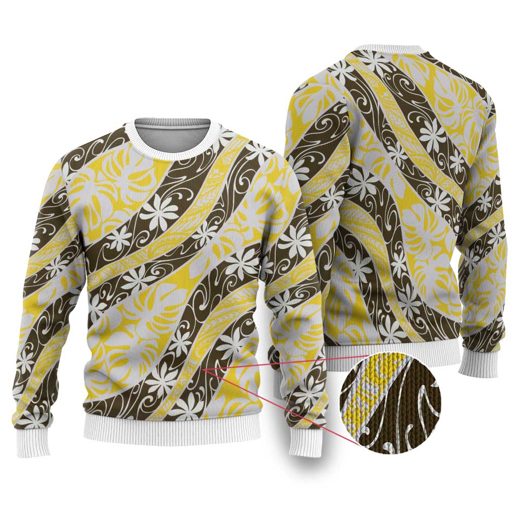 Rearea Tahiti Tiare Monstera Ugly Christmas Sweater Polynesian Pattern Curve Style LT01 Yellow - Polynesian Pride