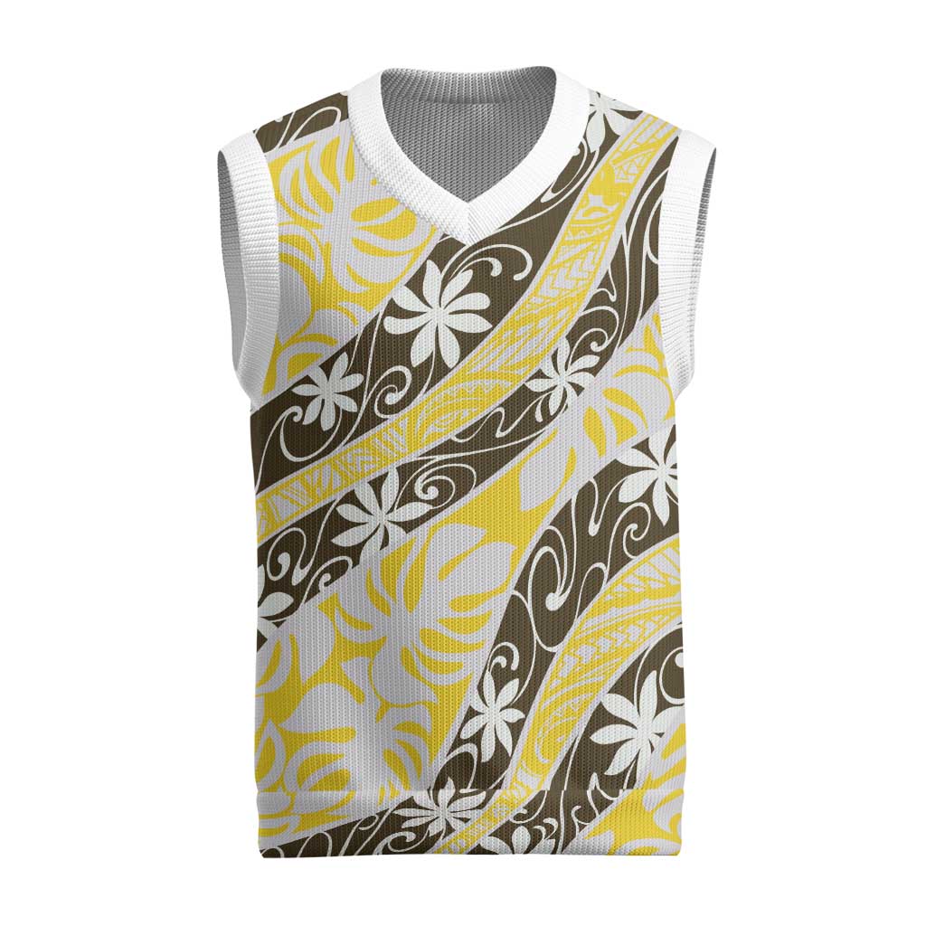 Rearea Tahiti Tiare Monstera Christmas Knitted V-Neck Vest Polynesian Pattern Curve Style LT01 Yellow - Polynesian Pride
