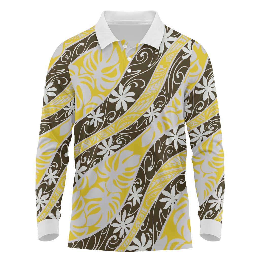 Rearea Tahiti Tiare Monstera Long Sleeve Polo Shirt Polynesian Pattern Curve Style LT01 Yellow - Polynesian Pride