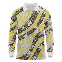 Rearea Tahiti Tiare Monstera Long Sleeve Polo Shirt Polynesian Pattern Curve Style LT01 Yellow - Polynesian Pride
