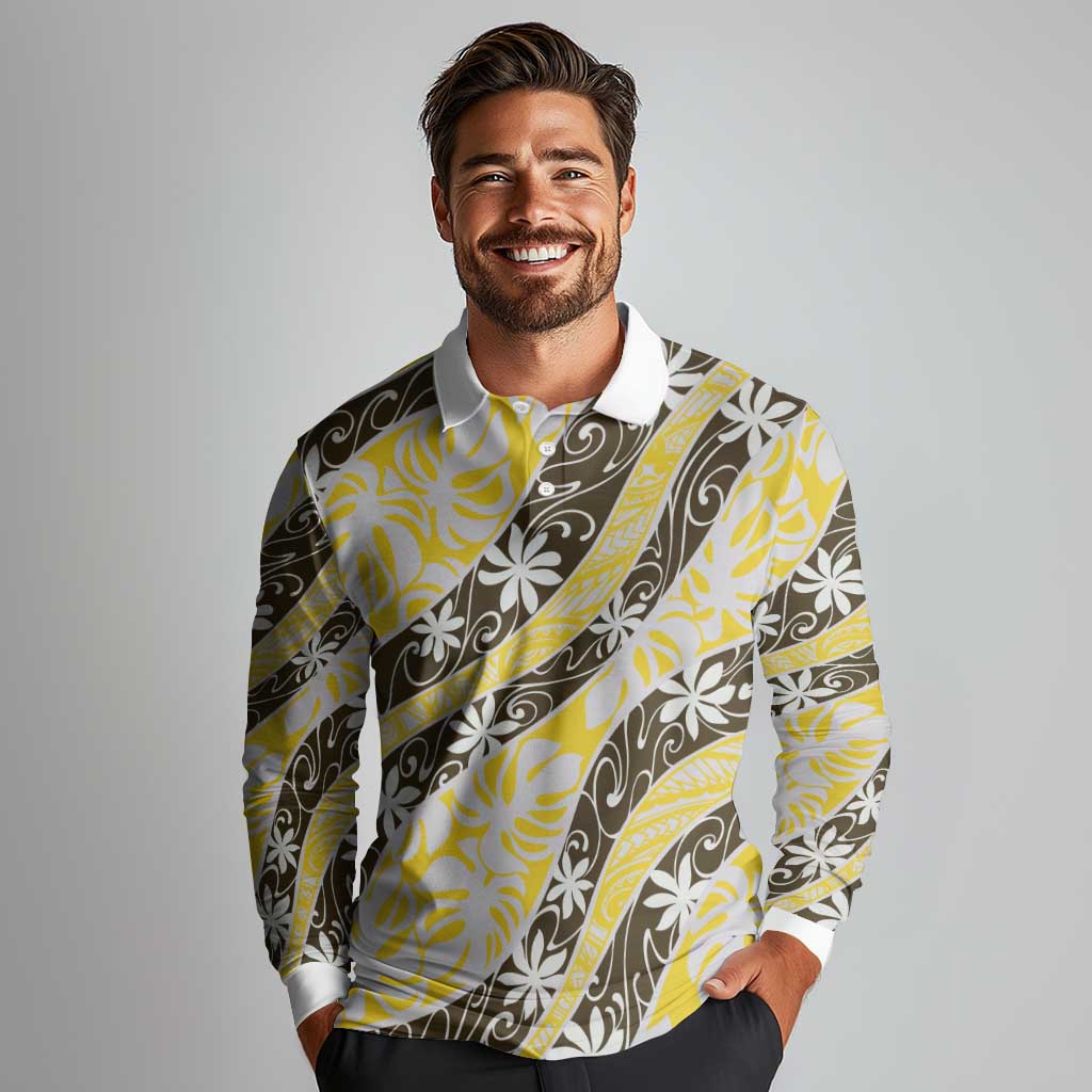 Rearea Tahiti Tiare Monstera Long Sleeve Polo Shirt Polynesian Pattern Curve Style LT01 - Polynesian Pride