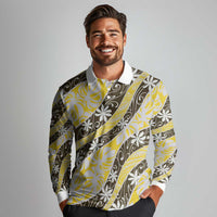 Rearea Tahiti Tiare Monstera Long Sleeve Polo Shirt Polynesian Pattern Curve Style LT01 - Polynesian Pride