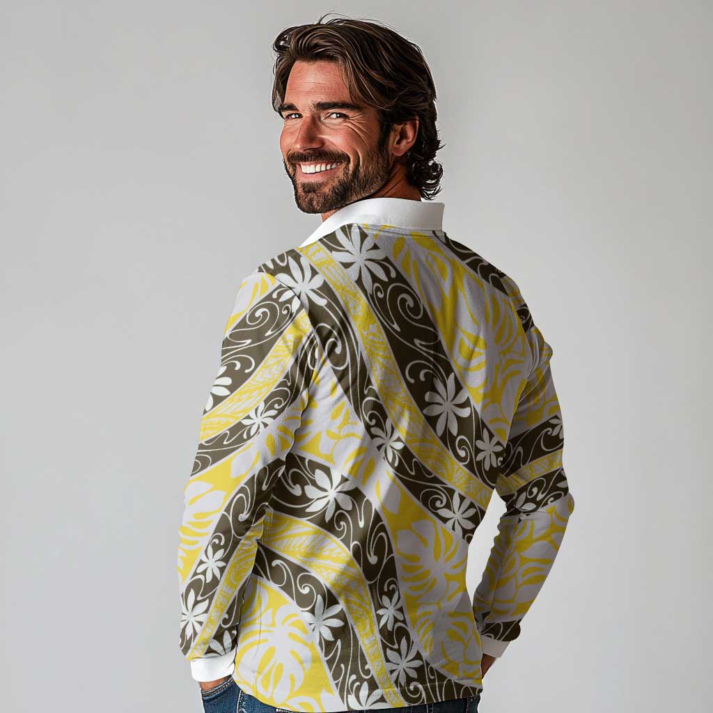 Rearea Tahiti Tiare Monstera Long Sleeve Polo Shirt Polynesian Pattern Curve Style LT01 - Polynesian Pride