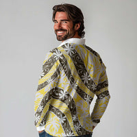 Rearea Tahiti Tiare Monstera Long Sleeve Polo Shirt Polynesian Pattern Curve Style LT01 - Polynesian Pride
