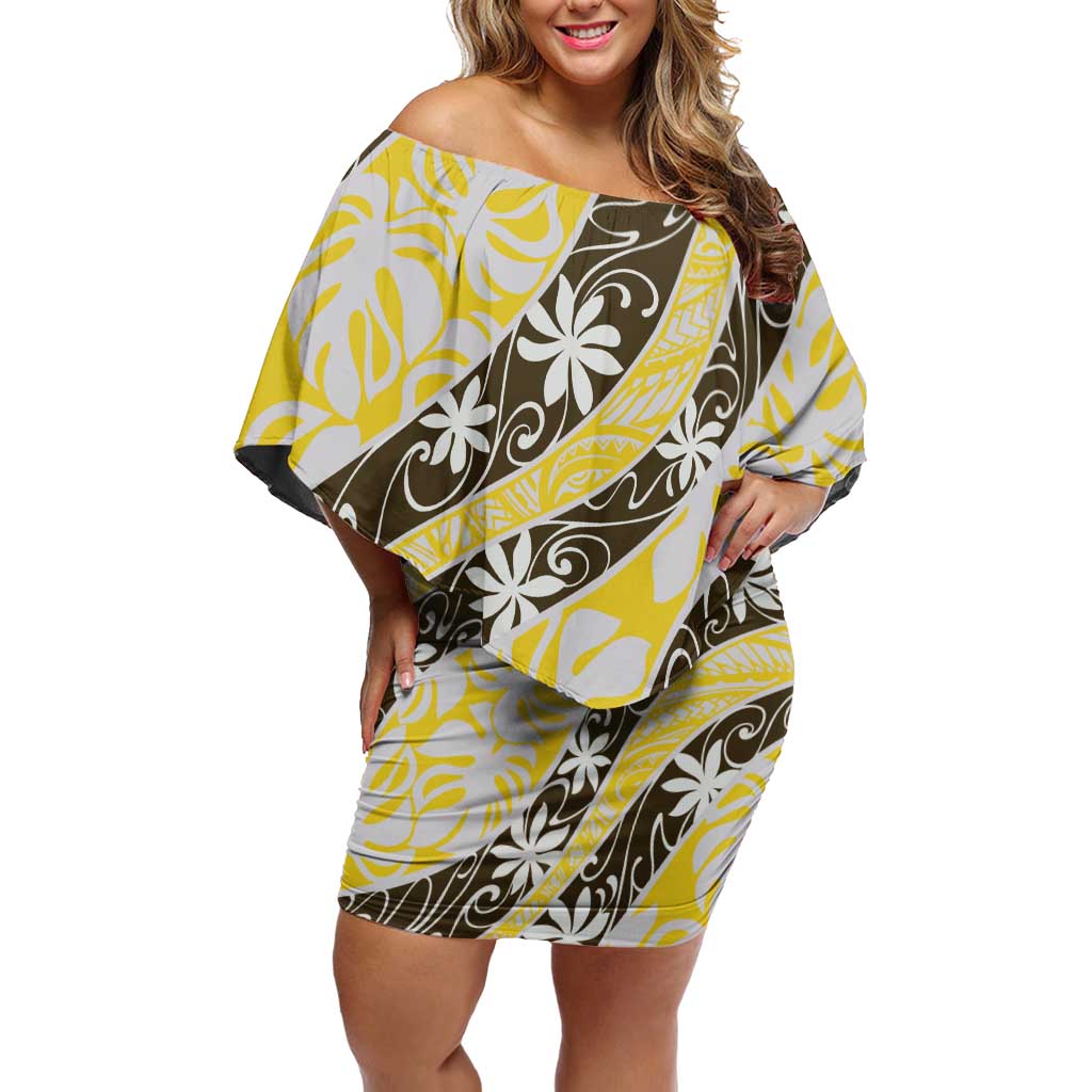 Rearea Tahiti Tiare Monstera Off Shoulder Short Dress Polynesian Pattern Curve Style LT01 Women Yellow - Polynesian Pride