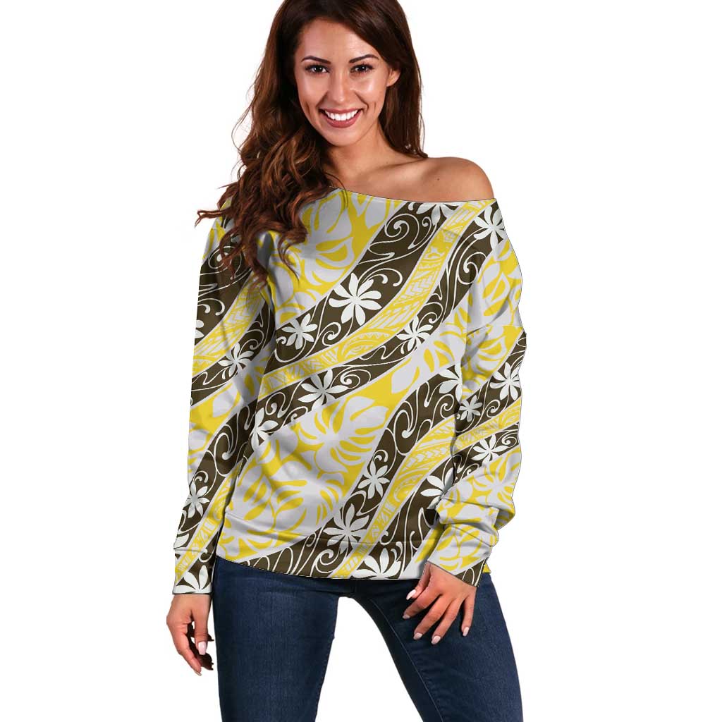 Rearea Tahiti Tiare Monstera Off Shoulder Sweater Polynesian Pattern Curve Style LT01 Women Yellow - Polynesian Pride