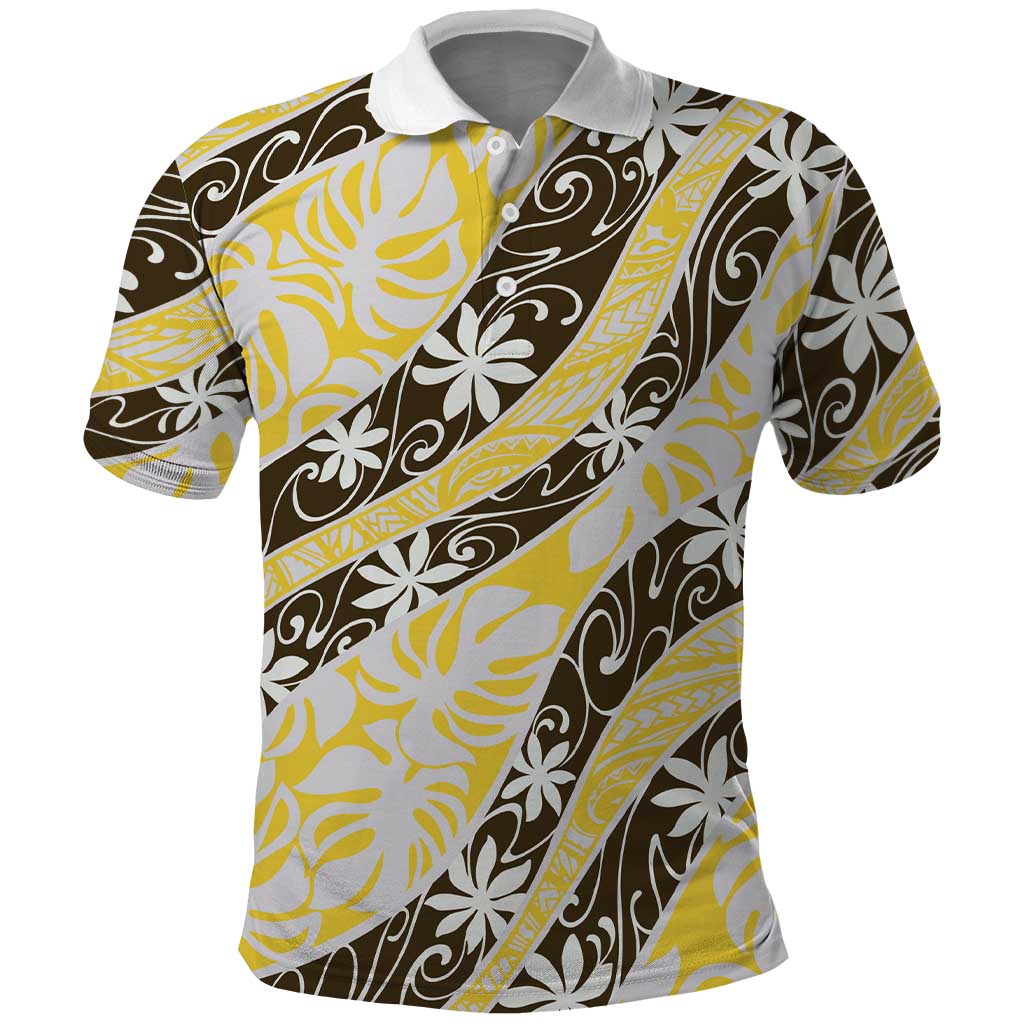 Rearea Tahiti Tiare Monstera Polo Shirt Polynesian Pattern Curve Style LT01 Yellow - Polynesian Pride