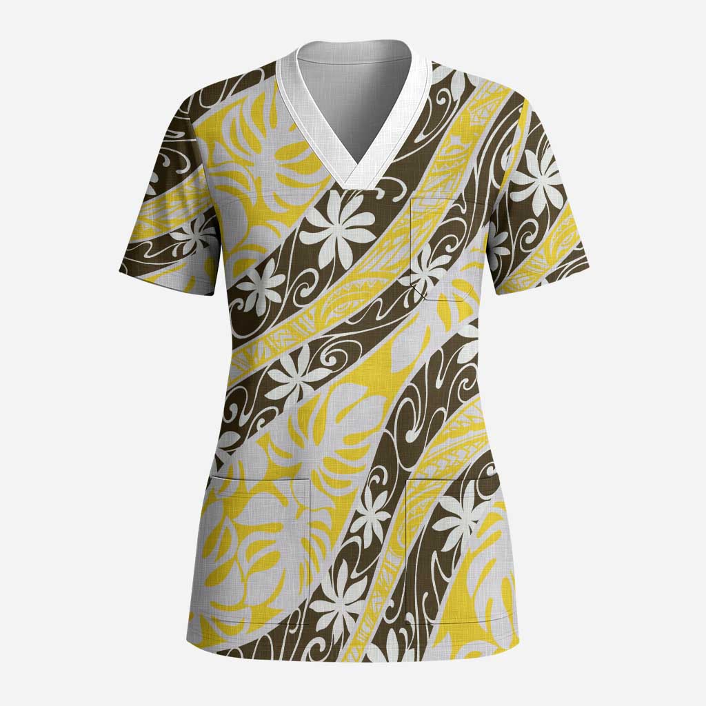 Rearea Tahiti Tiare Monstera Scrub Top Polynesian Pattern Curve Style LT01 Adult Yellow - Polynesian Pride