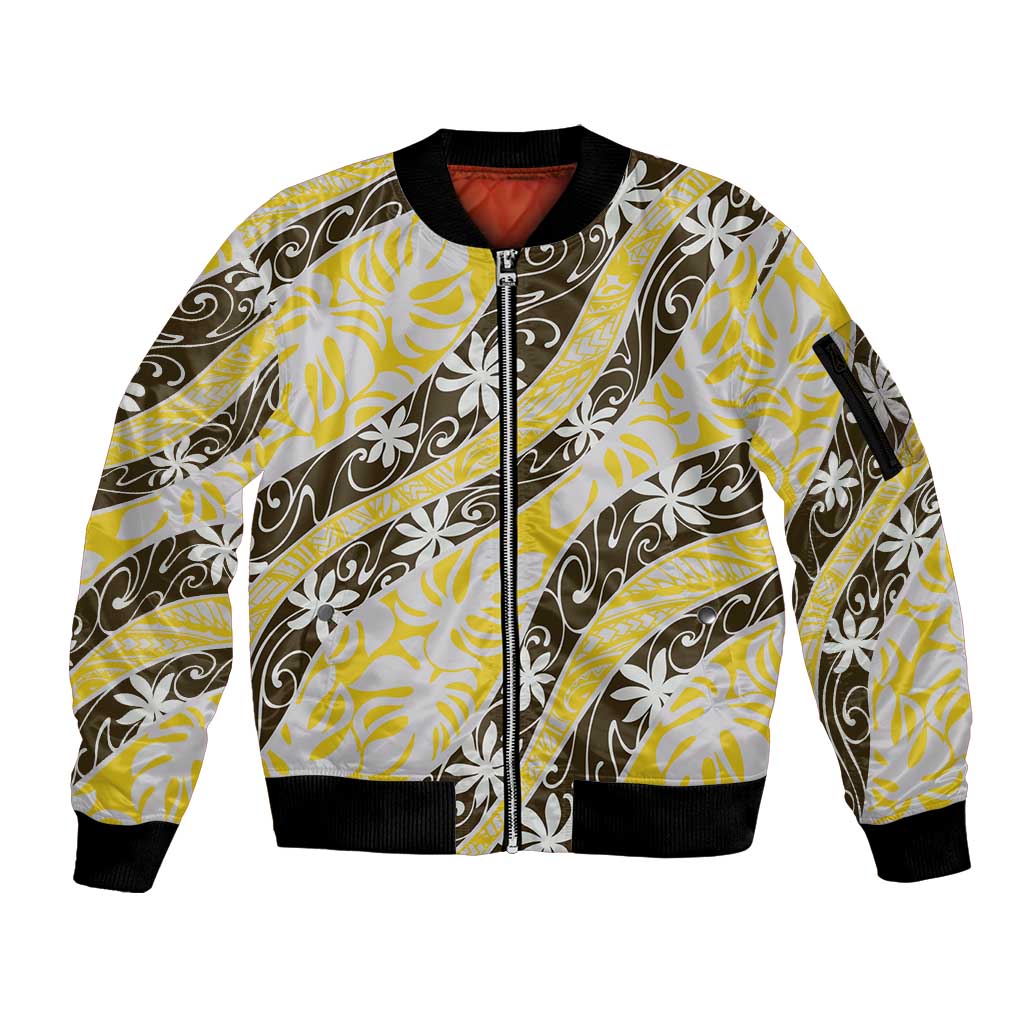 Rearea Tahiti Tiare Monstera Sleeve Zip Bomber Jacket Polynesian Pattern Curve Style LT01 Unisex Yellow - Polynesian Pride