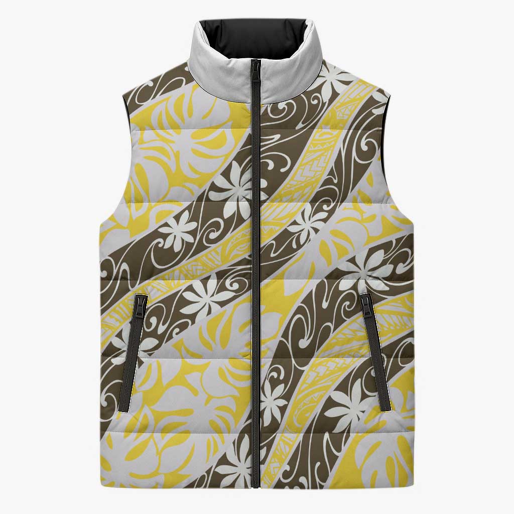 Rearea Tahiti Tiare Monstera Sleeveless Puffer Jacket Polynesian Pattern Curve Style LT01 Unisex Yellow - Polynesian Pride