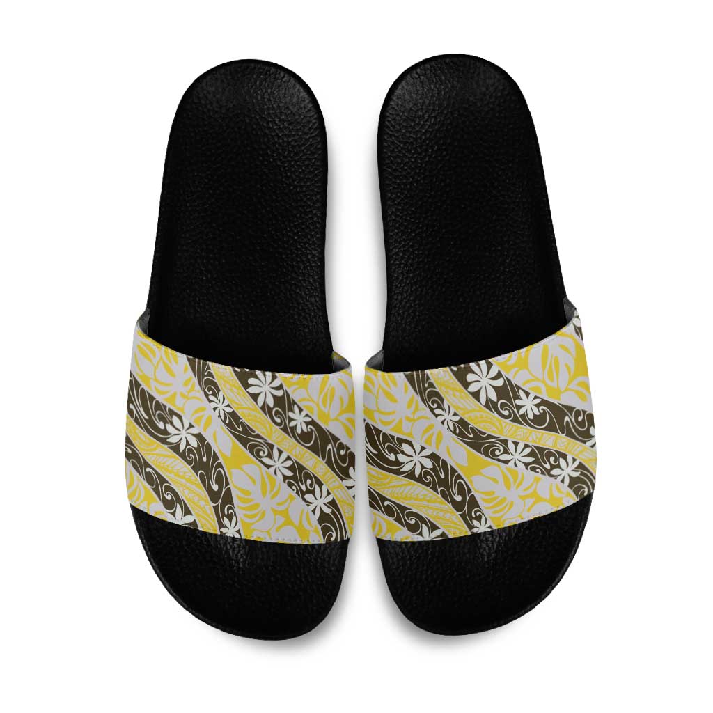 Rearea Tahiti Tiare Monstera Slide Sandals Polynesian Pattern Curve Style LT01 Yellow - Polynesian Pride