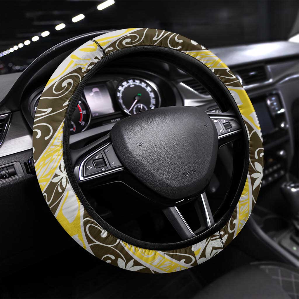 Rearea Tahiti Tiare Monstera Steering Wheel Cover Polynesian Pattern Curve Style LT01 Universal Fit Yellow - Polynesian Pride