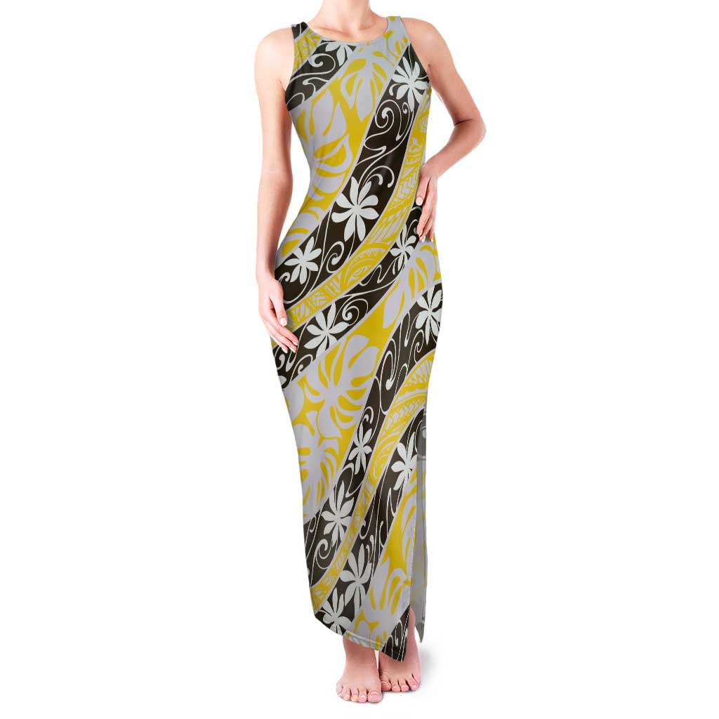 Rearea Tahiti Tiare Monstera Tank Maxi Dress Polynesian Pattern Curve Style LT01 Women Yellow - Polynesian Pride