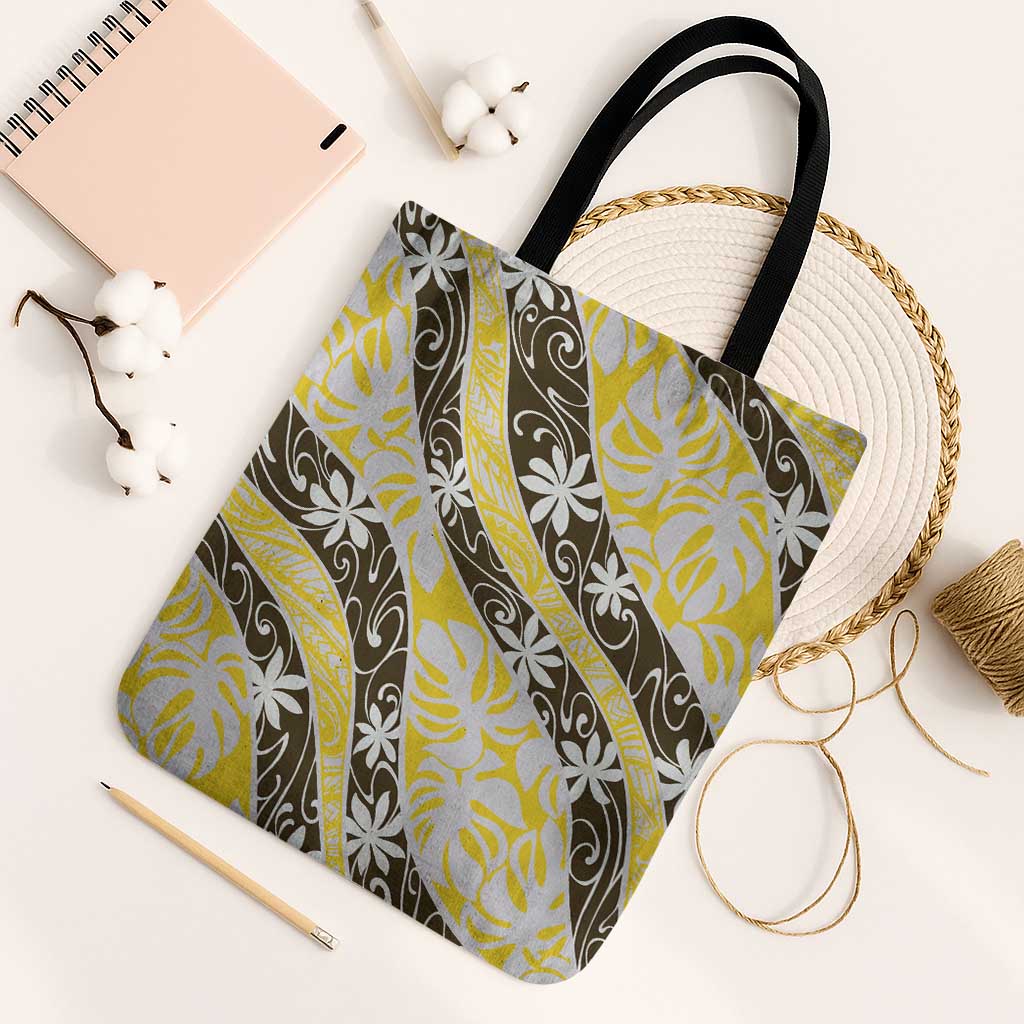 Rearea Tahiti Tiare Monstera Tote Bag Polynesian Pattern Curve Style LT01 Black Strap One Size Yellow - Polynesian Pride