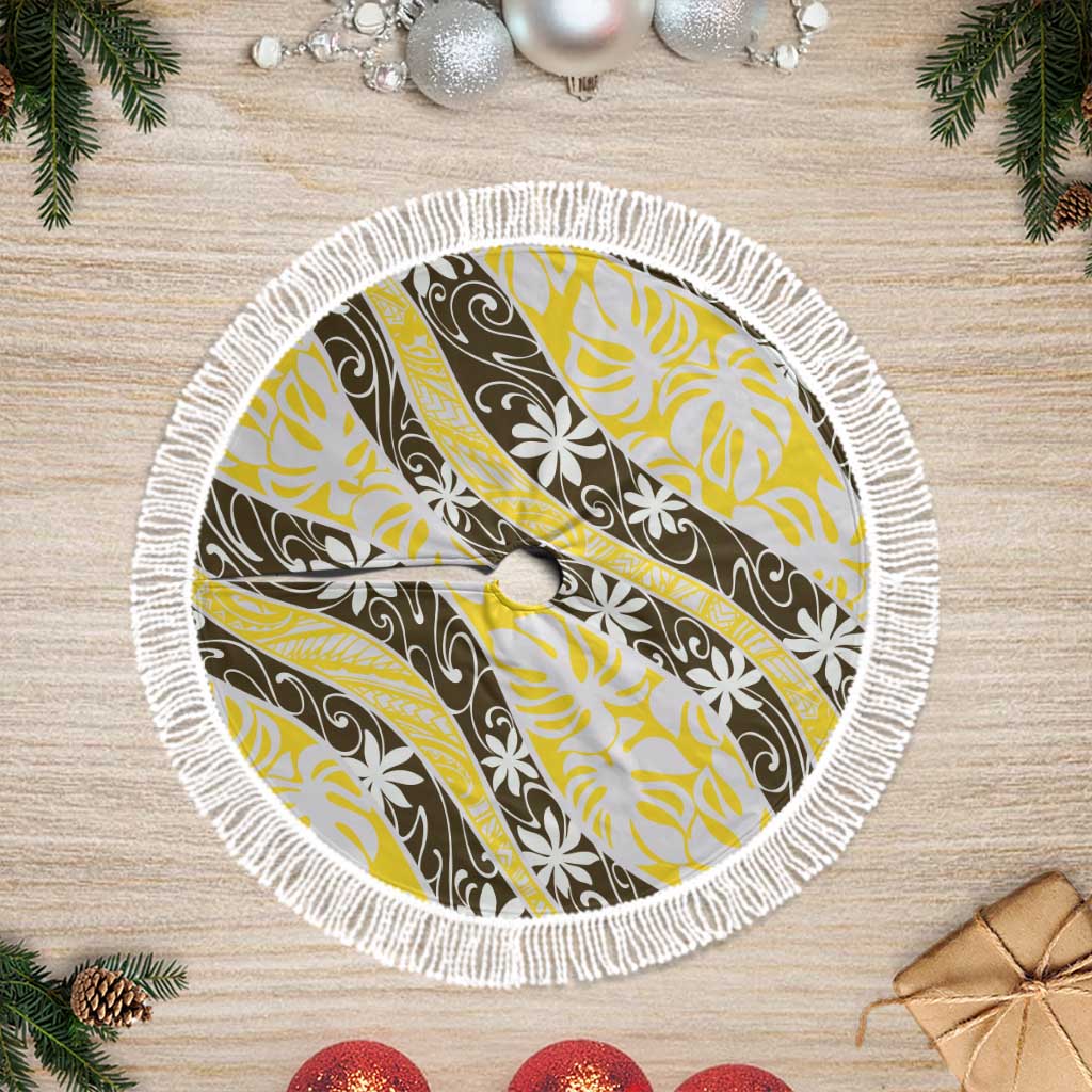 Rearea Tahiti Tiare Monstera Tree Skirt Polynesian Pattern Curve Style LT01 Fringed Yellow - Polynesian Pride