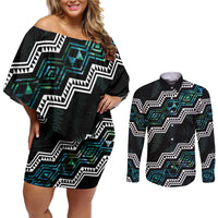 Personalised Taniko Aotearoa Mix Paua Shell Couples Matching Off Shoulder Short Dress and Long Sleeve Button Shirt Niho Taniwha Turquoise Glitter LT01 Turquoise - Polynesian Pride