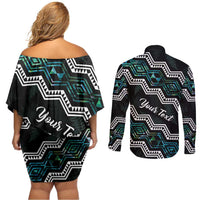 Personalised Taniko Aotearoa Mix Paua Shell Couples Matching Off Shoulder Short Dress and Long Sleeve Button Shirt Niho Taniwha Turquoise Glitter LT01 - Polynesian Pride