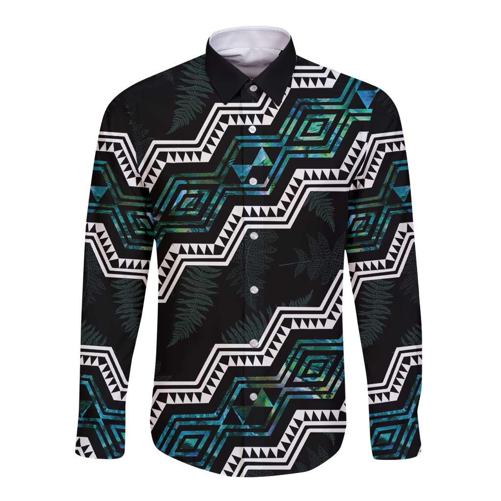 Personalised Taniko Aotearoa Mix Paua Shell Long Sleeve Button Shirt Niho Taniwha Turquoise Glitter LT01 Unisex Turquoise - Polynesian Pride