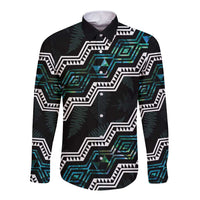 Personalised Taniko Aotearoa Mix Paua Shell Long Sleeve Button Shirt Niho Taniwha Turquoise Glitter LT01 Unisex Turquoise - Polynesian Pride