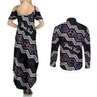 Personalised Taniko Aotearoa Mix Paua Shell Couples Matching Summer Maxi Dress and Long Sleeve Button Shirt Niho Taniwha Lilac Glitter LT01 - Polynesian Pride