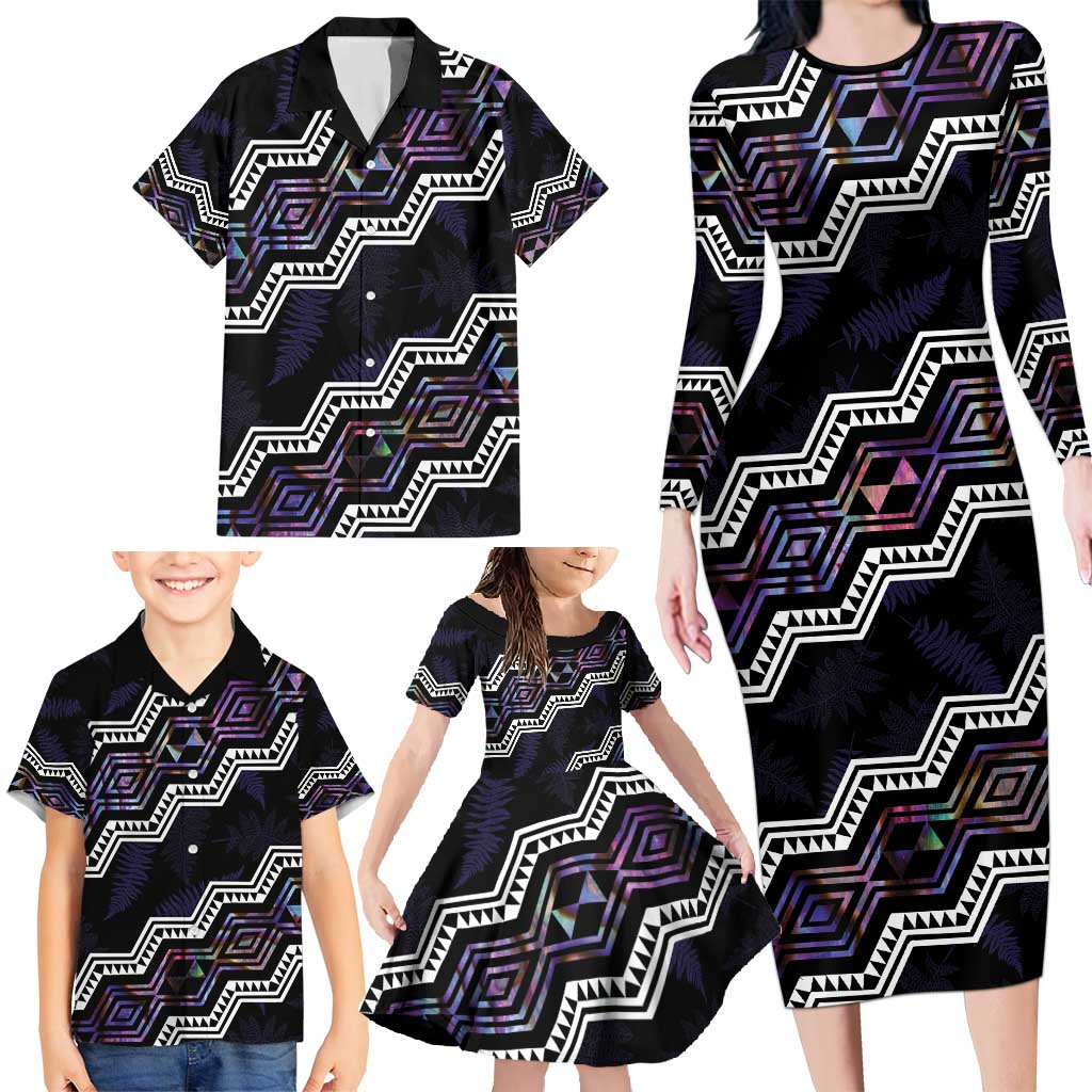 Personalised Taniko Aotearoa Mix Paua Shell Family Matching Long Sleeve Bodycon Dress and Hawaiian Shirt Niho Taniwha Lilac Glitter