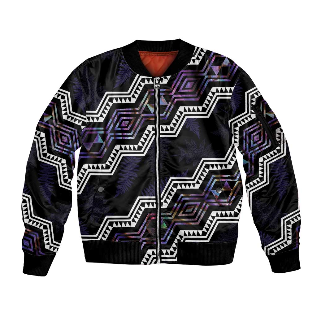 Personalised Taniko Aotearoa Mix Paua Shell Sleeve Zip Bomber Jacket Niho Taniwha Lilac Glitter LT01 Unisex Purple - Polynesian Pride