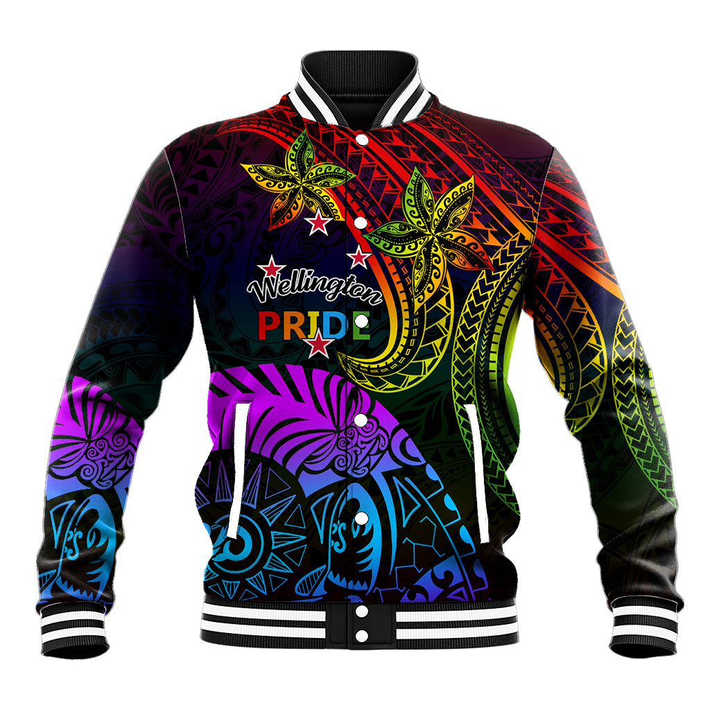 Wellington Pride Baseball Jacket Aotearoa Tribal Rainbow Pattern LT01 Unisex Black - Polynesian Pride