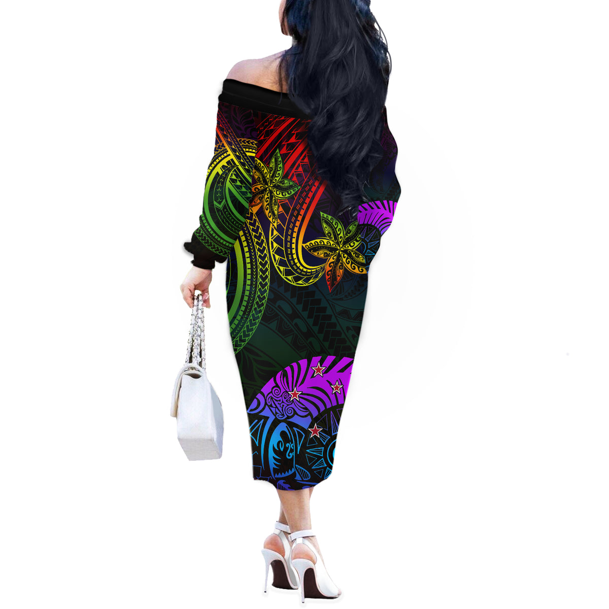 Wellington Pride Off The Shoulder Long Sleeve Dress Aotearoa Tribal Rainbow Pattern LT01 - Polynesian Pride