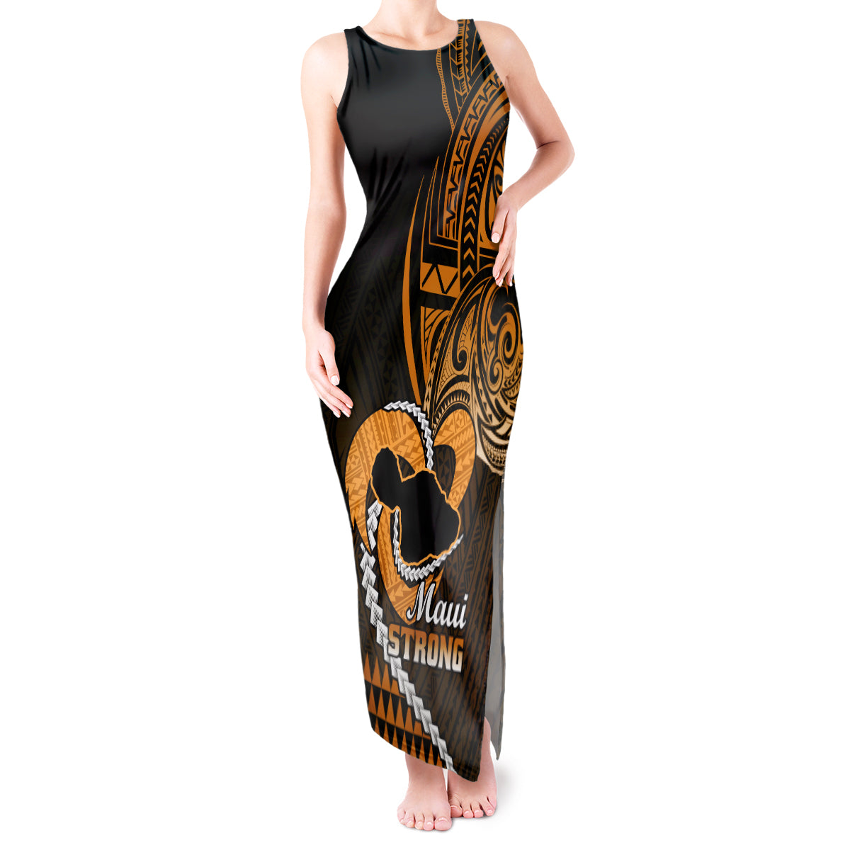 Personalised Hawaii Tank Maxi Dress Maui Be Strong Kakau Gold Version LT01 Women Gold - Polynesian Pride