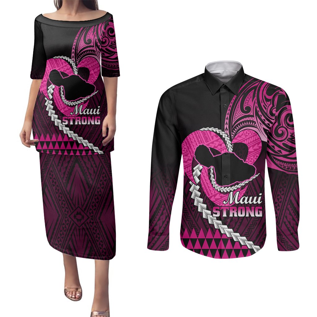 Personalised Hawaii Couples Matching Puletasi Dress and Long Sleeve Button Shirts Maui Be Strong Kakau Pink Version LT01 Pink - Polynesian Pride