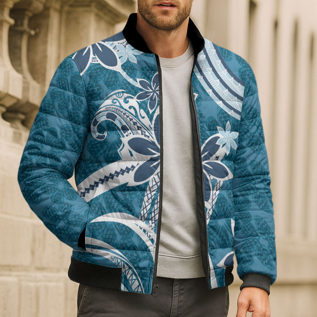 Hawaii Pupuala Plumeria Blue Bomber Puffer Jacket Polynesian Pattern LT01 - Polynesian Pride